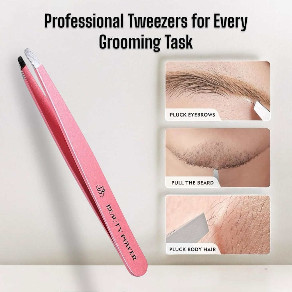 Professional Tweezers in Case - Slant, Durable Lightweight German Stainless Steel, Ultra Precision Tweezers for Eyebrows, Facial Hair, Chin, and Ingrown Hair Removal - Gift (Pink)