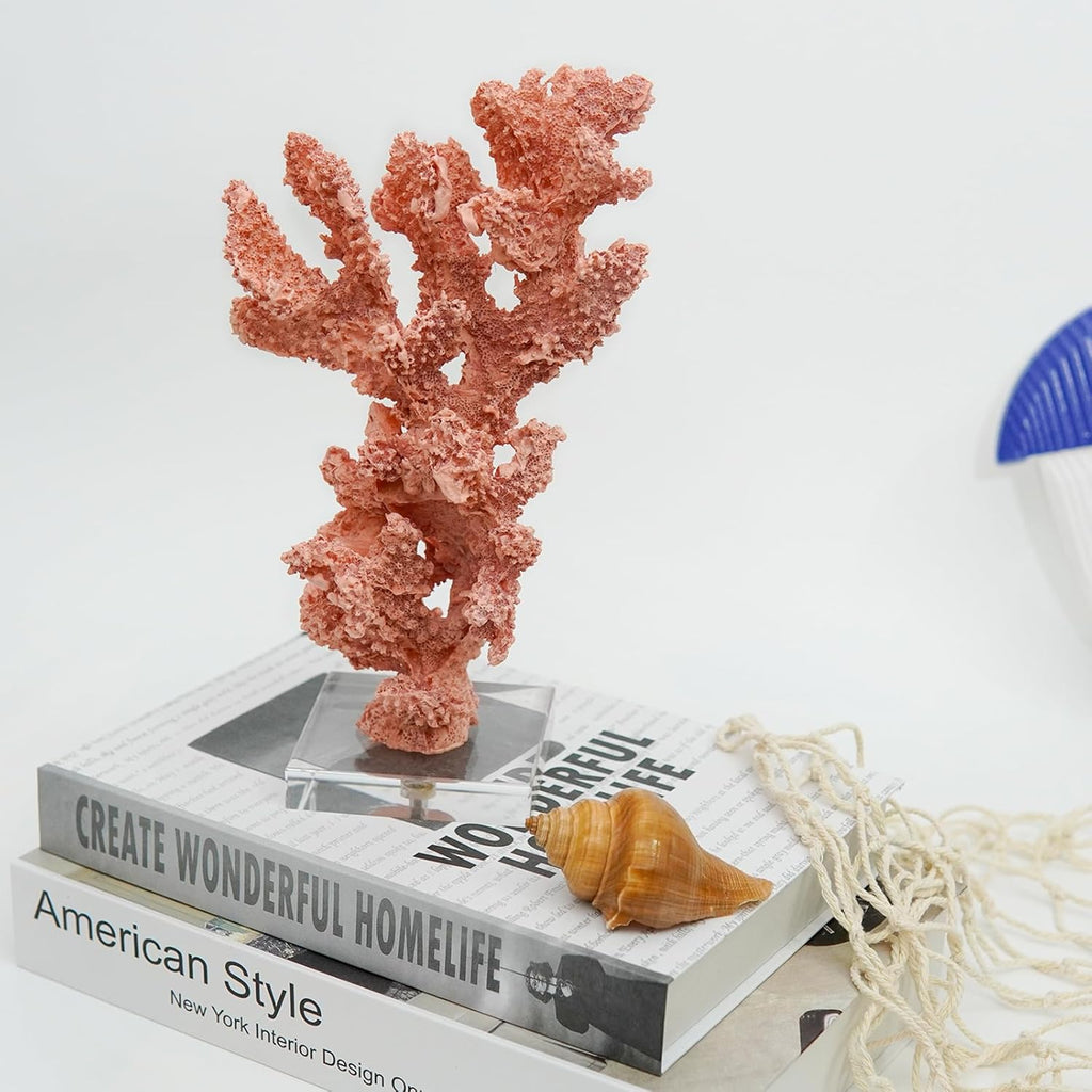 Coral Beach Decor, Artificial Resin Coral Reef Statue, Coastal Room Decor Beach Decorations for Home Bathroom Bedroom,Ocean Themed Decor for Office,Aquarium,5.2''Lx9.5''H, RB1002P, Pink