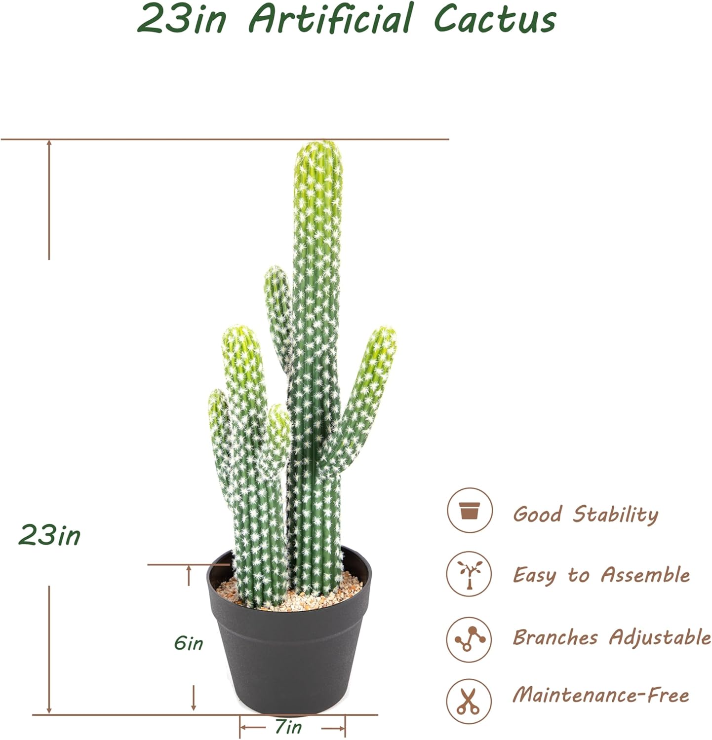 bellacat 23in UV Resistant Fake Cactus, Realistic Faux Cactus Plants Indoor with Black Pot, Artificial Cacti for Table Living Room Porch Office Indoor & Outdoor Decor, 2 Pack