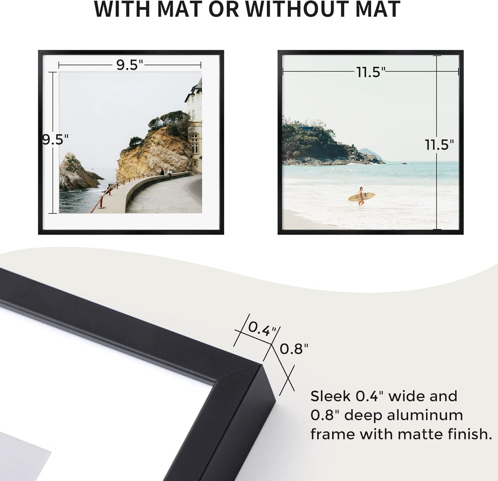 12x12 Metal Picture Frame with 10x10 Mat, Brushed Aluminum Finish, Attached Hanging Hardware, and Tempered Glass Front - Versatile Vertical or Horizontal Wall Display Frames Set of 1 - Black