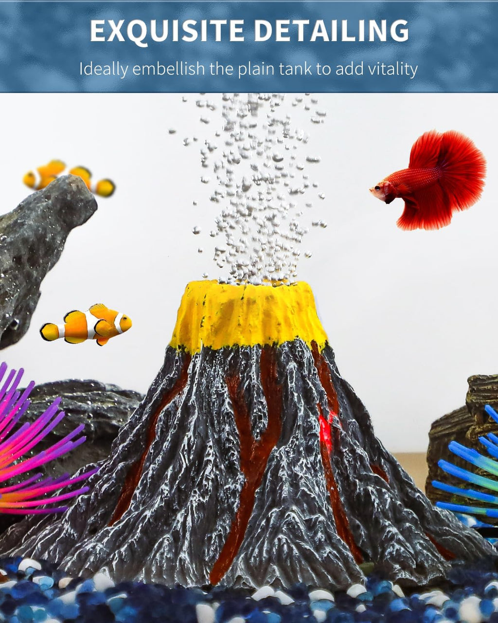 Uniclife Aquarium Volcano Ornament Kit with Air Stone Bubbler Fish Tank Decorations