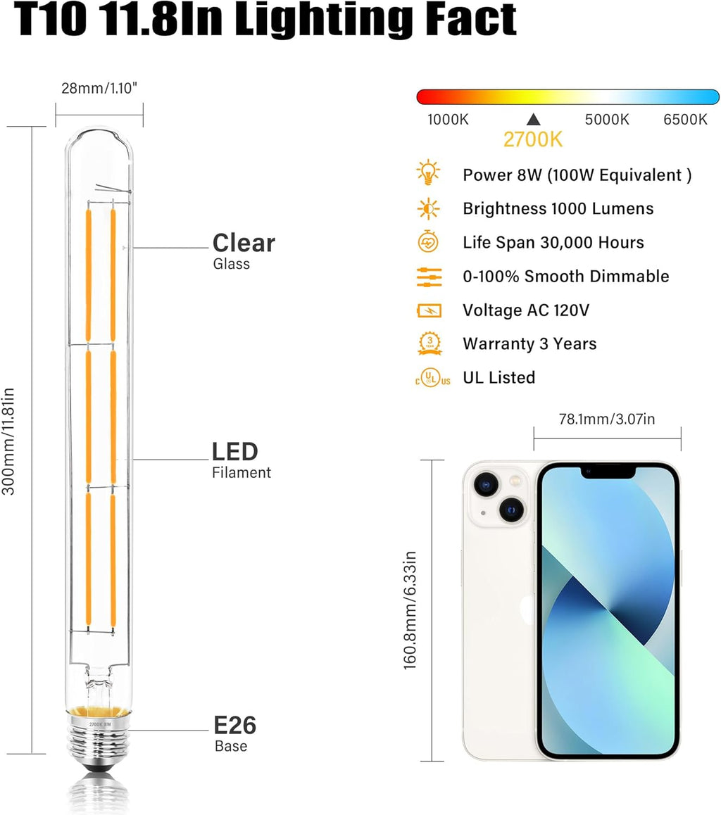 11.8IN 1000LM 2700K Soft White Light Bulbs E26 Base, T10 T9 Edison Bulbs Dimmable 8W, AC 120V 100 Watt Equal Filament Bulb, Vintage Clear Glass Long Tubular LED Bulb, UL Listed - 2Pack