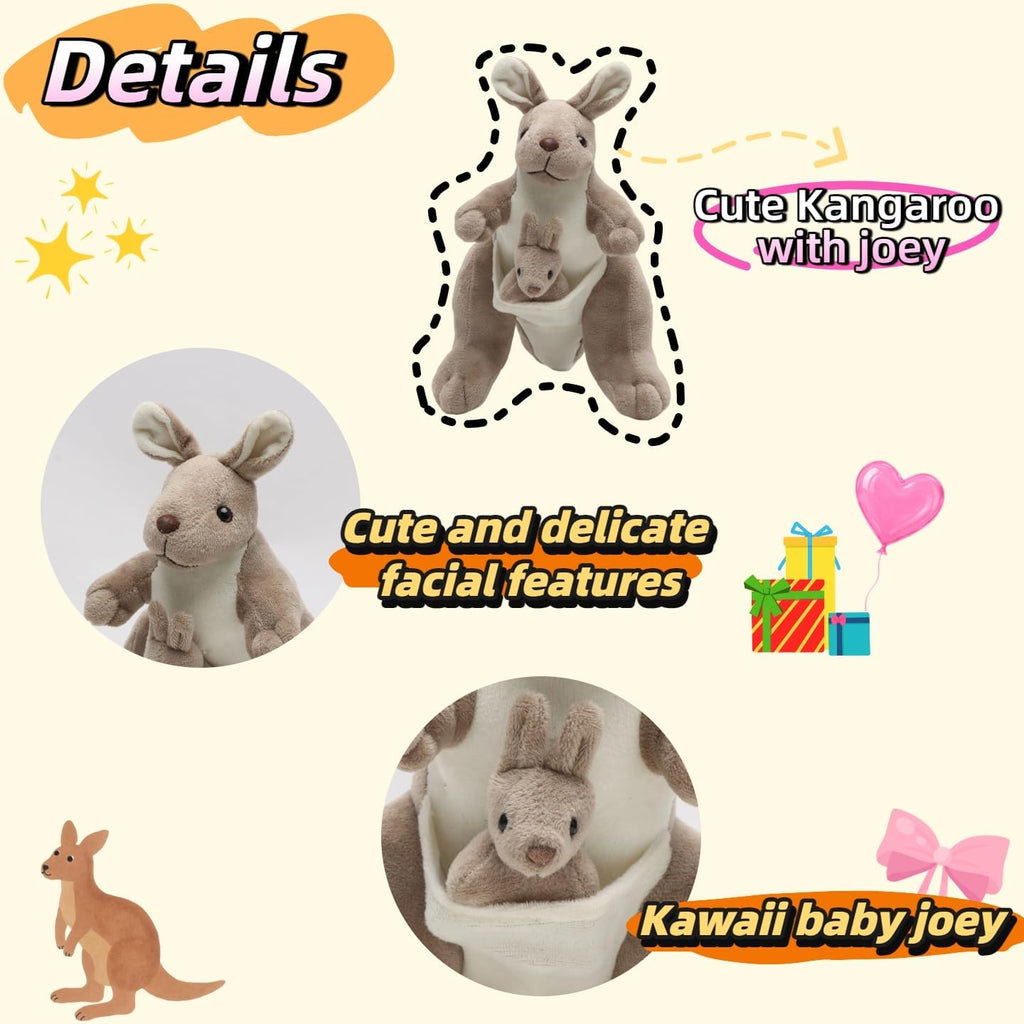 9.84" Kangaroo Plush Toy with Baby Joey, Cute Stuffed Animal Doll, Soft Cuddly Kangaroo Mom and Baby, Perfect Birthday for Kids, Friends, Home Decoration