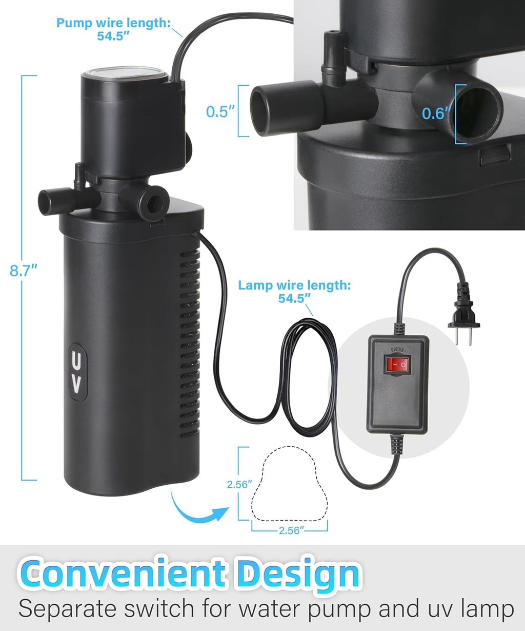 COOSPIDER Aquarium Filter U-Very Suitable for 10-45 Gallon Tank, 158GPH Small Fish Tank Filters for Green Control, Powerful Internal Submersible Pump for Turtle Tank, Air Supply & Oxygen Enhancement