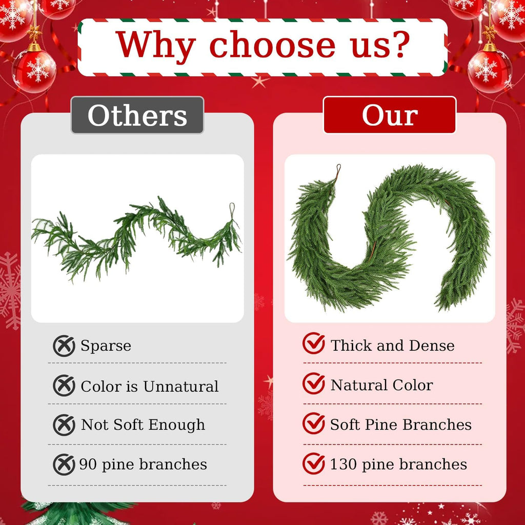 9 Ft Norfolk Pine Garlands,Artificial Christmas Real Touch Greenery Garland Realistic Faux for Mantle,Table,Sairs,Wall, Indoor,Outdoor Holiday Christmas Decorations Xmas-Green