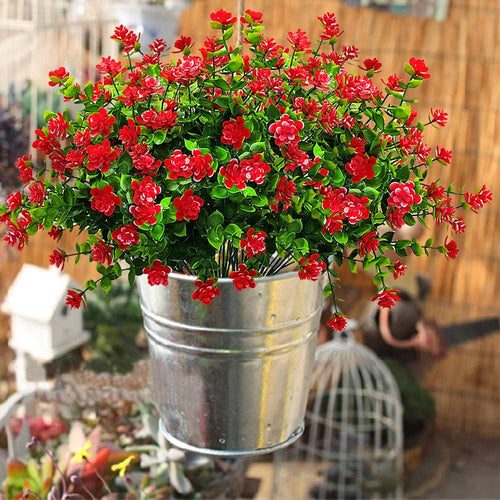 10 Bundles Artificial Fake Flowers, Faux Outdoor Plastic Plants UV Resistant Shrubs Outside Indoor Decorations (Red-Eucalyptus)