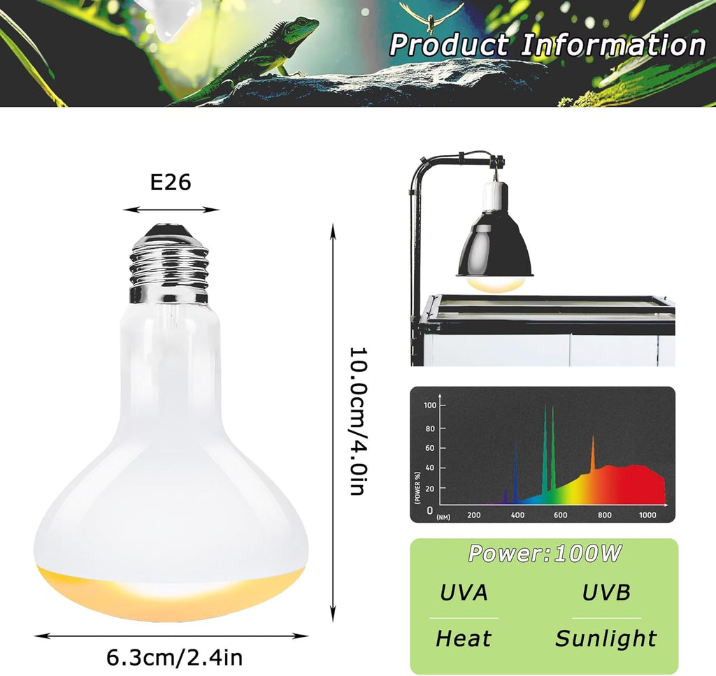 60W UVA Reptile Heat Lamp Bulbs, Basking Spot Light for Bearded Dragon, Lizard, Tortoise, Chicks & Amphibians – Simulated Sunlight, Daylight Bulb for Terrarium | 2 Pack, 2.5 Inch