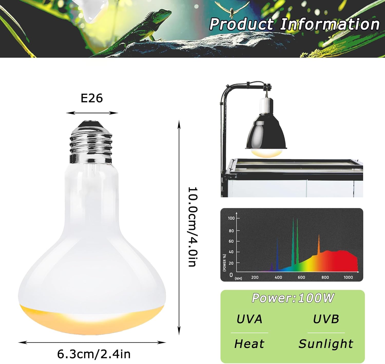 60W UVA Reptile Heat Lamp Bulbs, Basking Spot Light for Bearded Dragon, Lizard, Tortoise, Chicks & Amphibians – Simulated Sunlight, Daylight Bulb for Terrarium | 2 Pack, 2.5 Inch