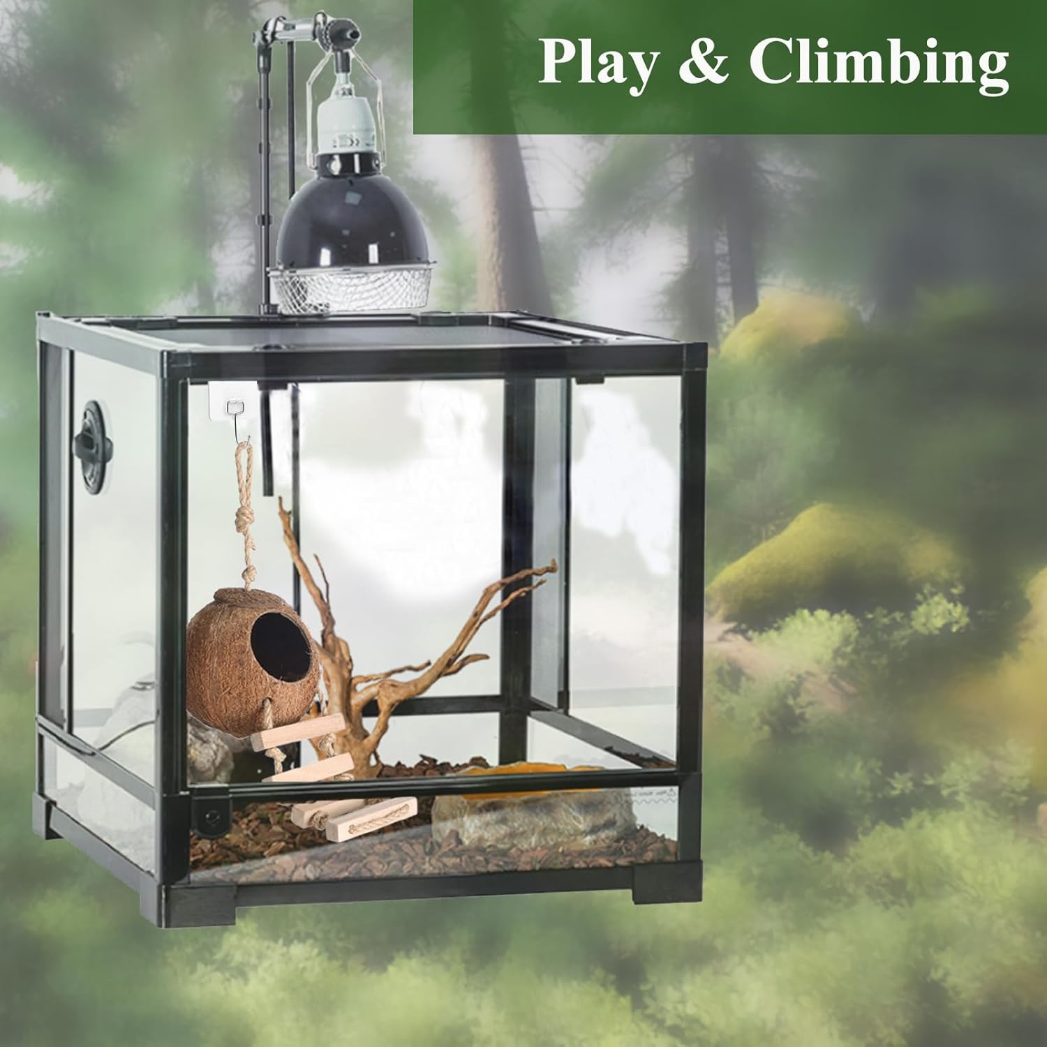 HERCOCCI Gecko Tank Accessories, Hermit Crab Toys Coconut Shell Natural Coconut Husk Hut with Climbing Ladder with Suction Cup for Leopard Gecko Snake Reptiles