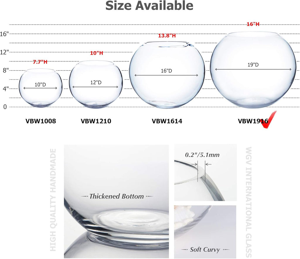 WGV Large Bowl Glass Vase, Diameter 19", Height 16", (Multiple Sizes Choices) Clear Huge Round Bubble Vase Jar, Floral Planter Terrarium for Wedding Event Home Decor, 1 Piece (VBW1916)