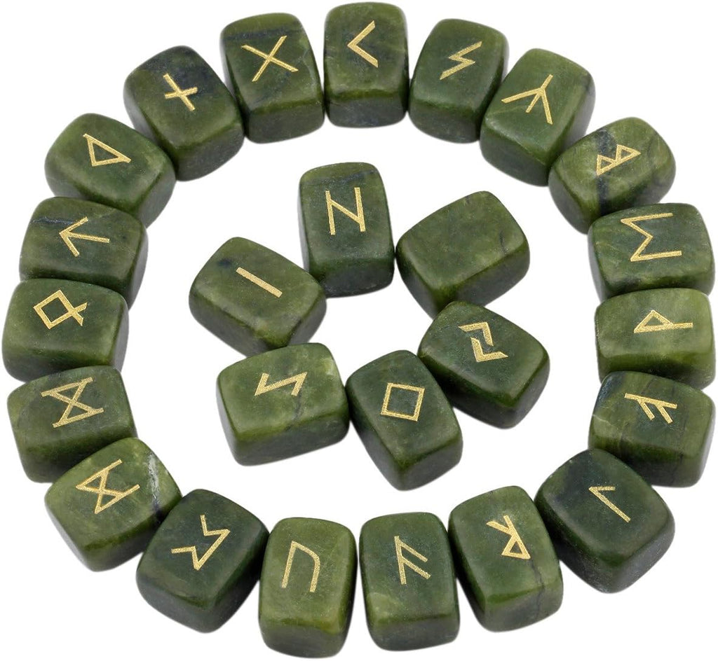 rockcloud Green Jade Rune Stones Tumbled Engraved Lettering Crystal Set for Wicca Crystals Healing Chakra Reiki