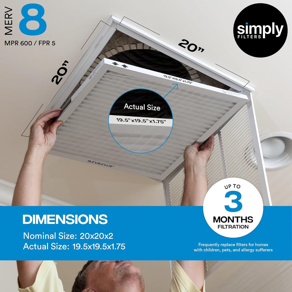 Simply 20x20x2 Air Filter, MERV 8, 6 Pack, Furnace Air Filter for HVAC (Actual Size:19.5"x19.5"x1.75") DUST, Pet, & Allergy Control