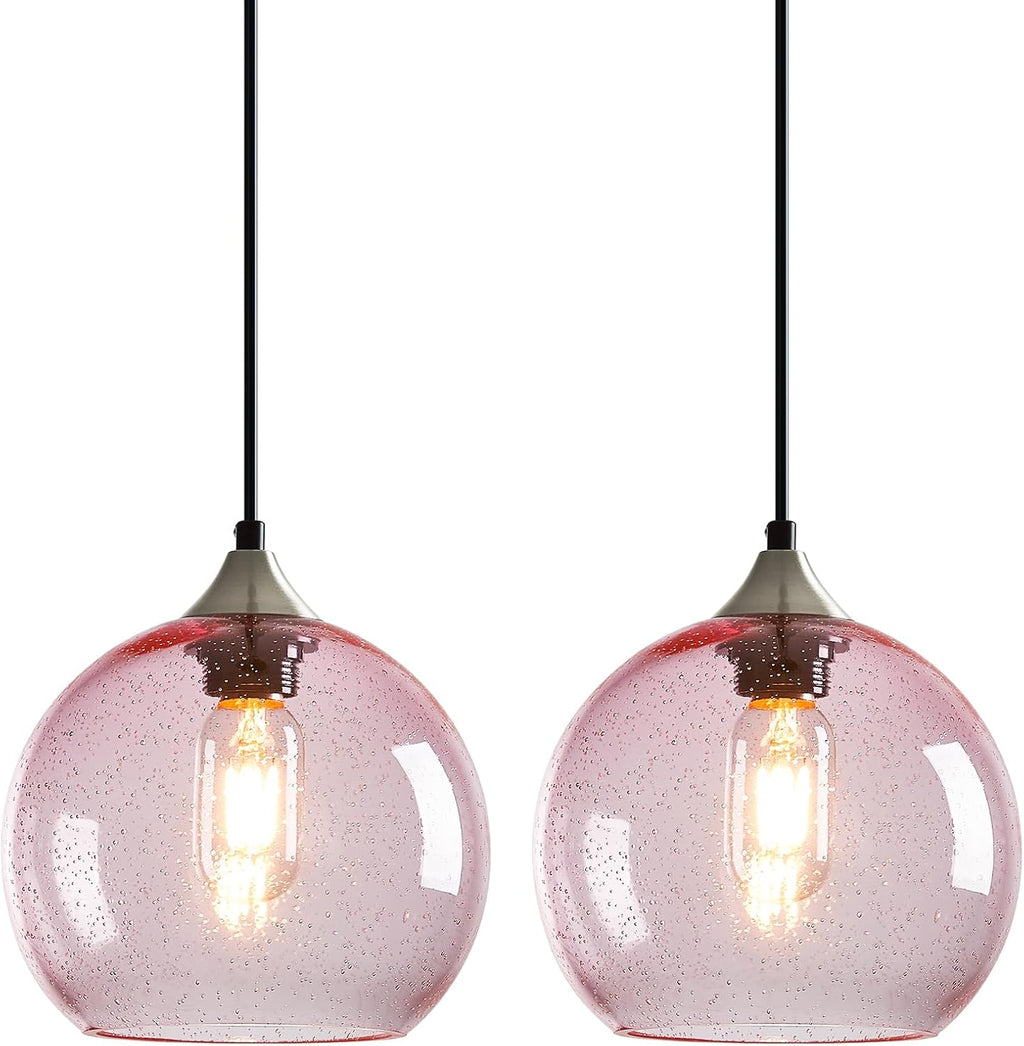 Pink Glass Pendant Lights Kitchen Island Lighting Globe Pendant Light Fixtures Modern Pendant Lighting for Bedroom Living Dining Room Light Fixture (7.87 in, 2 Pack)