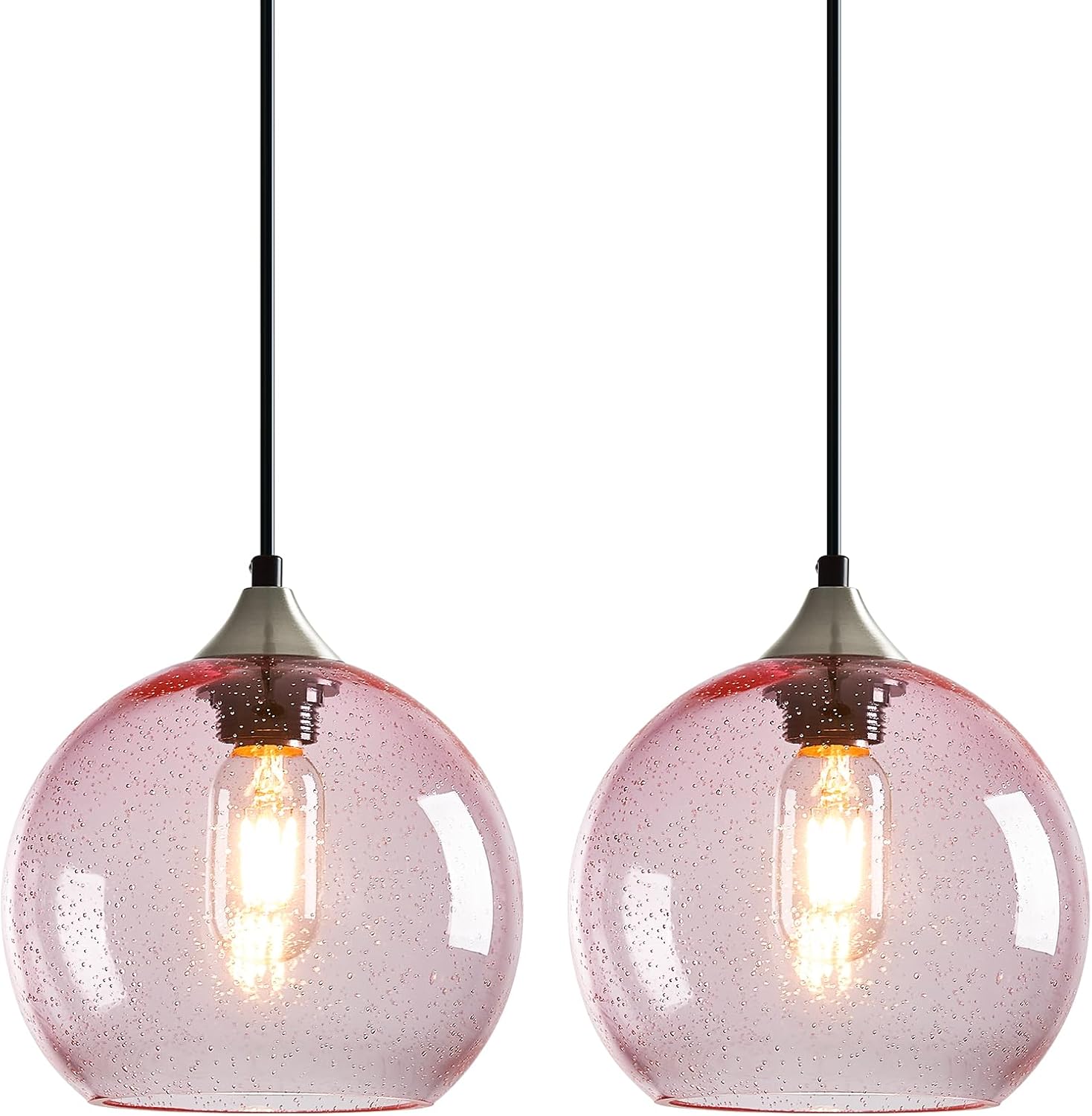 Pink Glass Pendant Lights Kitchen Island Lighting Globe Pendant Light Fixtures Modern Pendant Lighting for Bedroom Living Dining Room Light Fixture (7.87 in, 2 Pack)