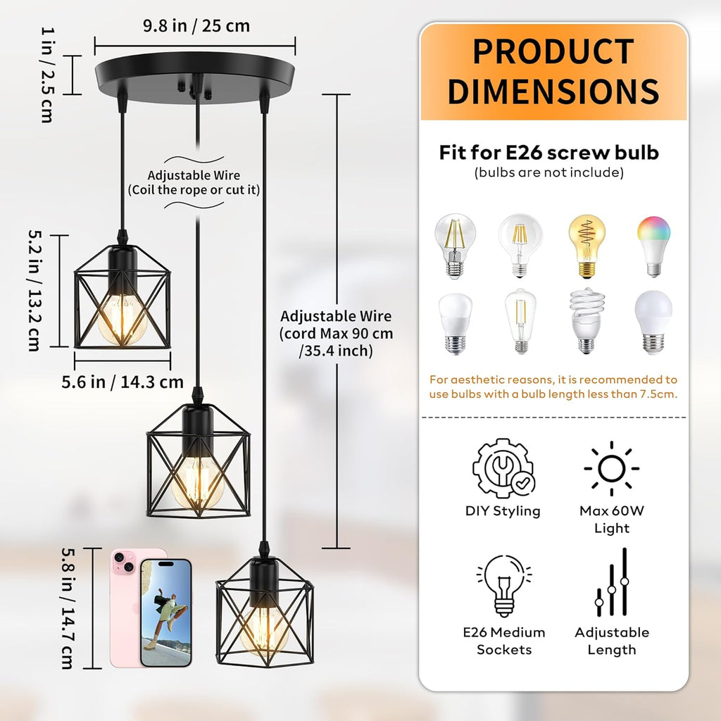3-Light Pendant Lighting, Farmhouse Hanging Light Fixture for Kitchen Island & Dining Room, Industrial Vintage Ceiling Lamp with E26 Base, Adjustable Height, Matte Black