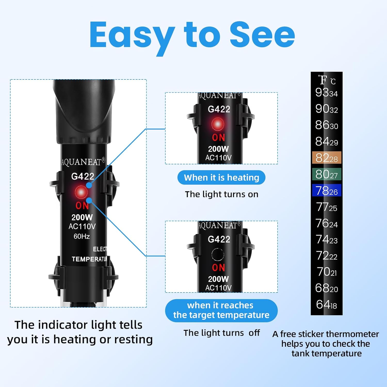 AQUANEAT Aquarium Heater, 200W Fish Tank Heater, Adjustable Submersible Water Thermostat with Thermometer