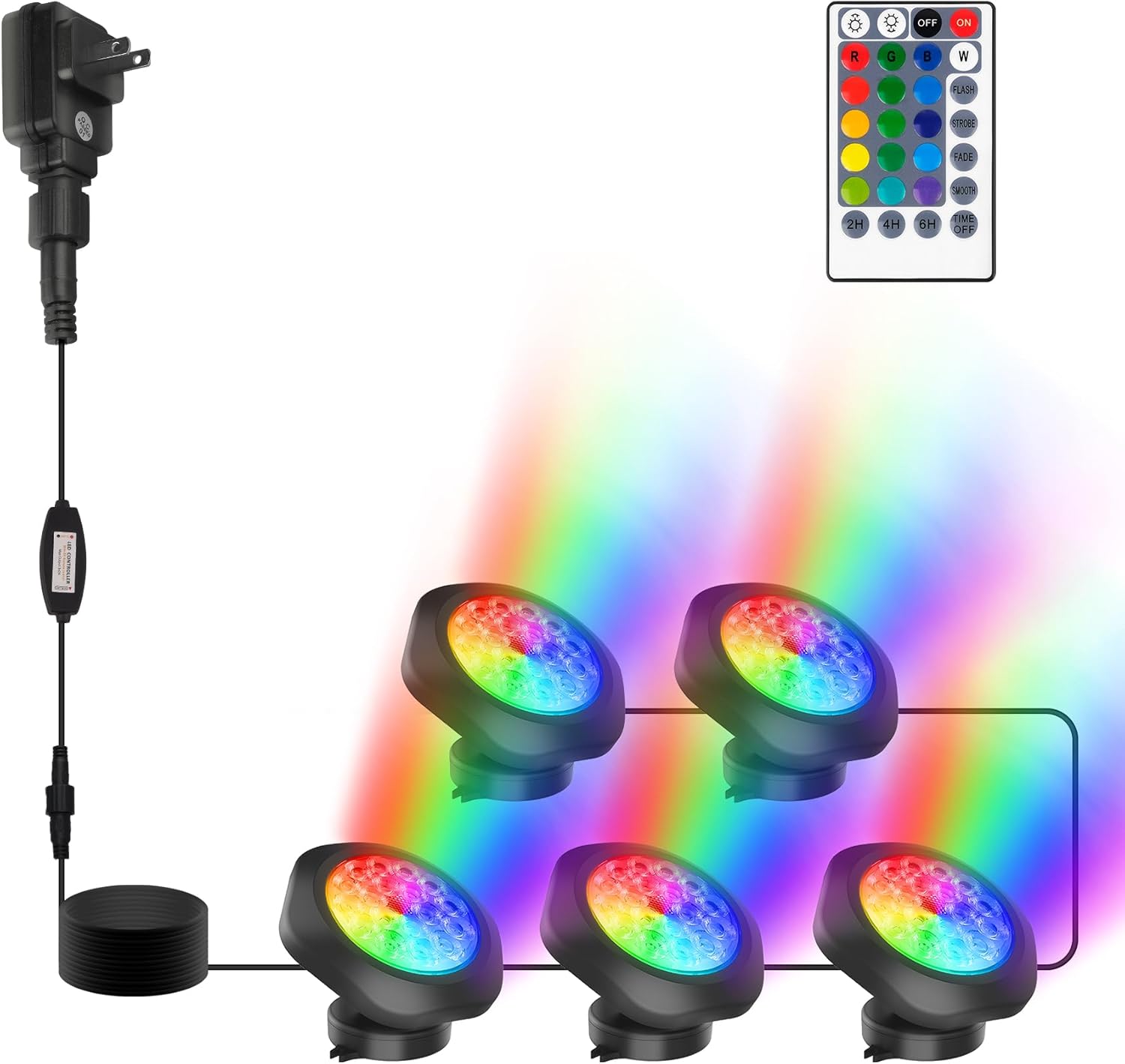 RGBW Pond Lights with Timer, 18 LED Super Bright Underwater Submersible Fountain Lights Color Changing Spotlights, Remote Control IP68 Waterproof for Fish Aquarium Tank Garden Pool (Set of 5)