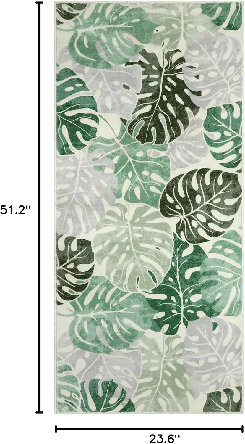 Wonnitar Monstera Leaf 2x4.3 Bathroom Runner Rug, Washable Non-Slip Bath Rug Runner, Coastal Green Soft Laundry Room Carpet, Low Pile Floor Carpet for Bedroom Entry Kitchen