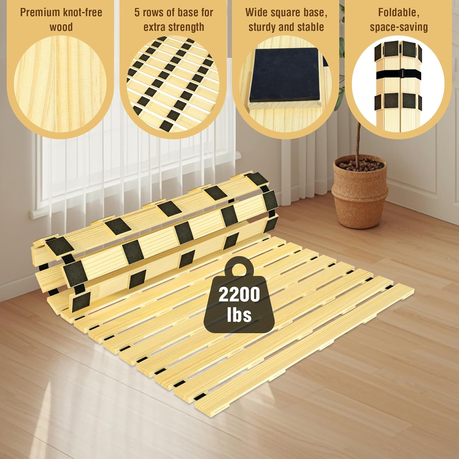 Japanese Tatami Mat Floor Bed, Knotless Solid Wood, Roll-Up Slatted, Bed Plate with 2 Storage Straps, Moisture-Proof and Breathable for Floor Sleeping or Futon Mattress, Full