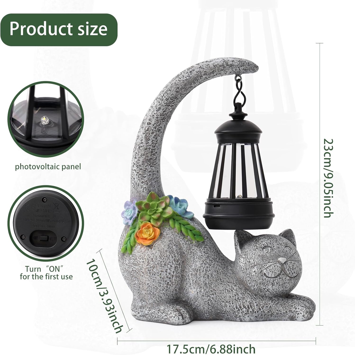 Garden Cute Cat Gnome Statue Decorations - Solar Resin Cat wtih Solar Garden Lights Outdoor Decorations Waterproof for Patio,Yard,Lawn,
