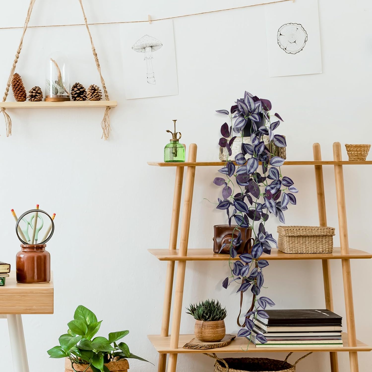 LOYWREE Small Fake Hanging Purple Eyebrow Leaf Plant Artificial Potted Plants Indoor 39-in Long Faux Dark Black Vine Plant with Pot for Shelf Home Office and Outdoor Garden Decor (Black Pot)