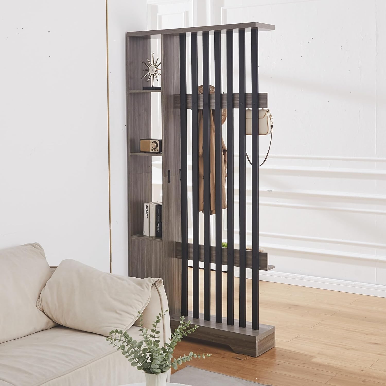 Room Divider with Shelves, Wall Room Divider Bookshelf, Freestanding Wood Privacy Screen with Storage Cabinet, Coat Rack, Display Shelf for Living Room Separation, Home Office Decorative
