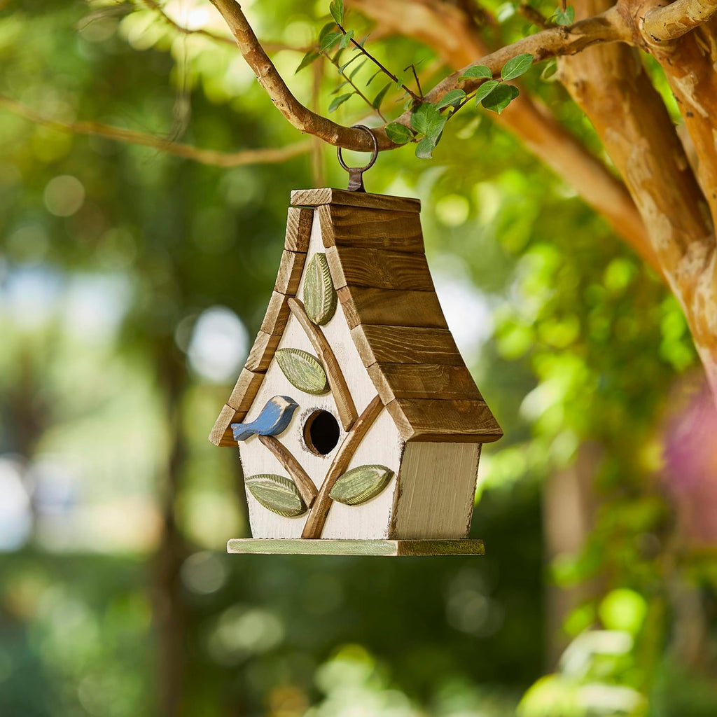 Glitzhome Bluebird House for Outside, 9.5" H Distressed Hanging Birdhouse Solid Wood Bird Houses for Outdoor, Decorative Birdhouse with Natural Wood Pallet Roof and 3D Tree for Garden,Washed White