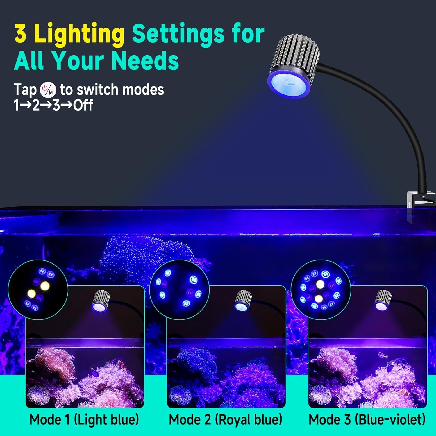 fishkeeper Clip On 24/7 Saltwater Aquarium LED Light, 12W Reef Lights for Coral DIY Color/Brightness Fish Tank Light with Timer for Coral Marine Tank Memory Function