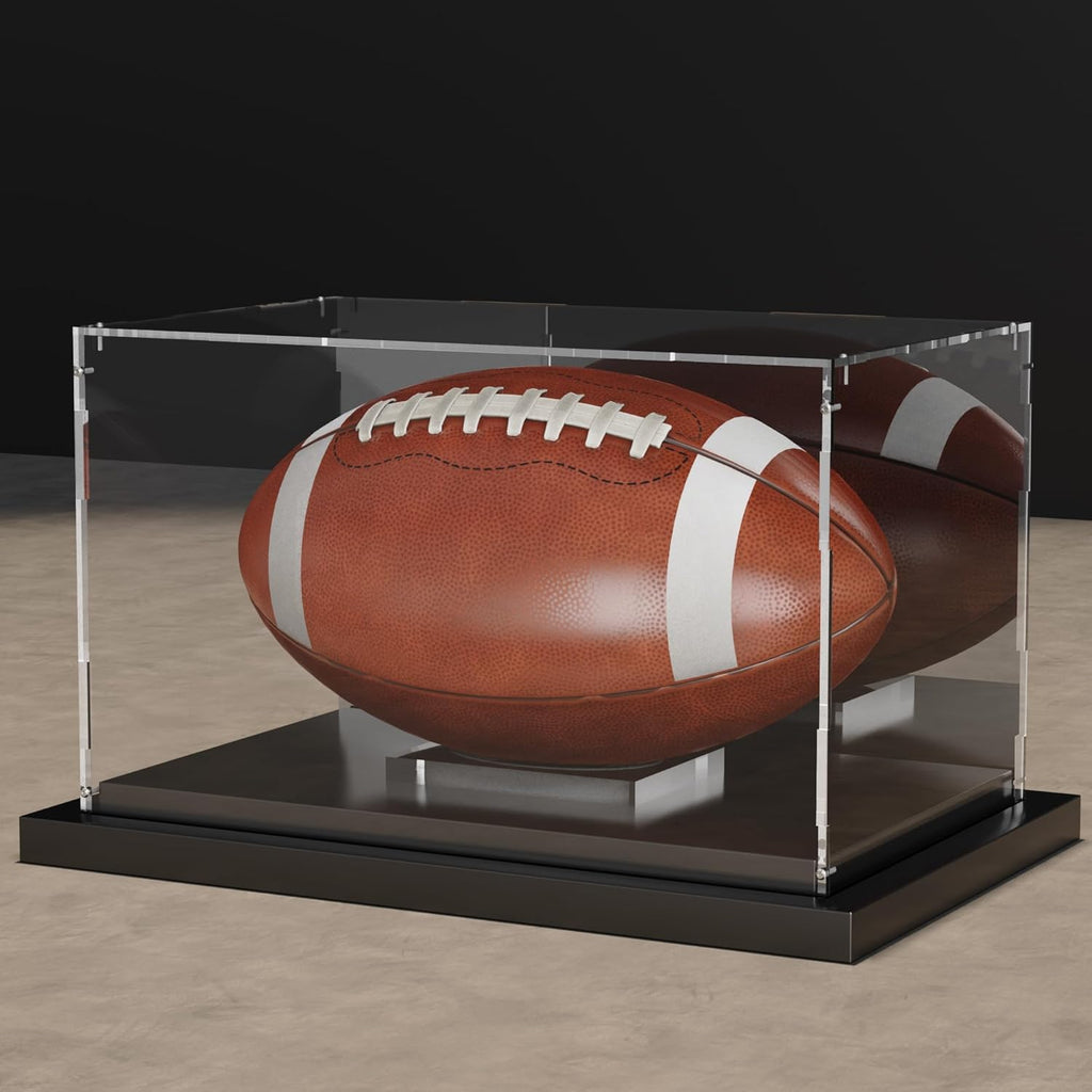 Putros Football Display Case with Mirror and Black Metal Grooved Base Acrylic Football Case with Transparent Removable Built-in Football Display Stand for Autographed Football
