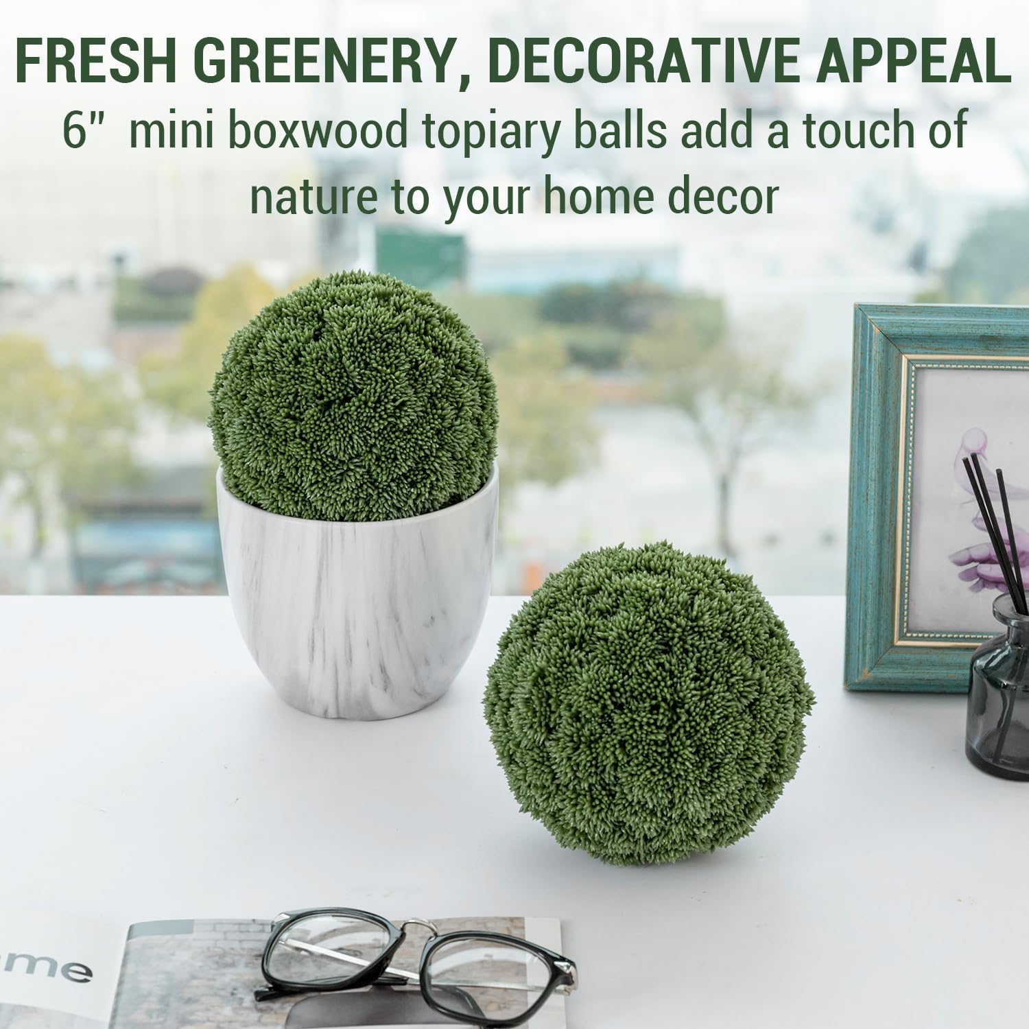 MyGift 6 Inch Faux Topiary Ball, Lifelike Decorative Artificial Boxwood Ball Set of 2