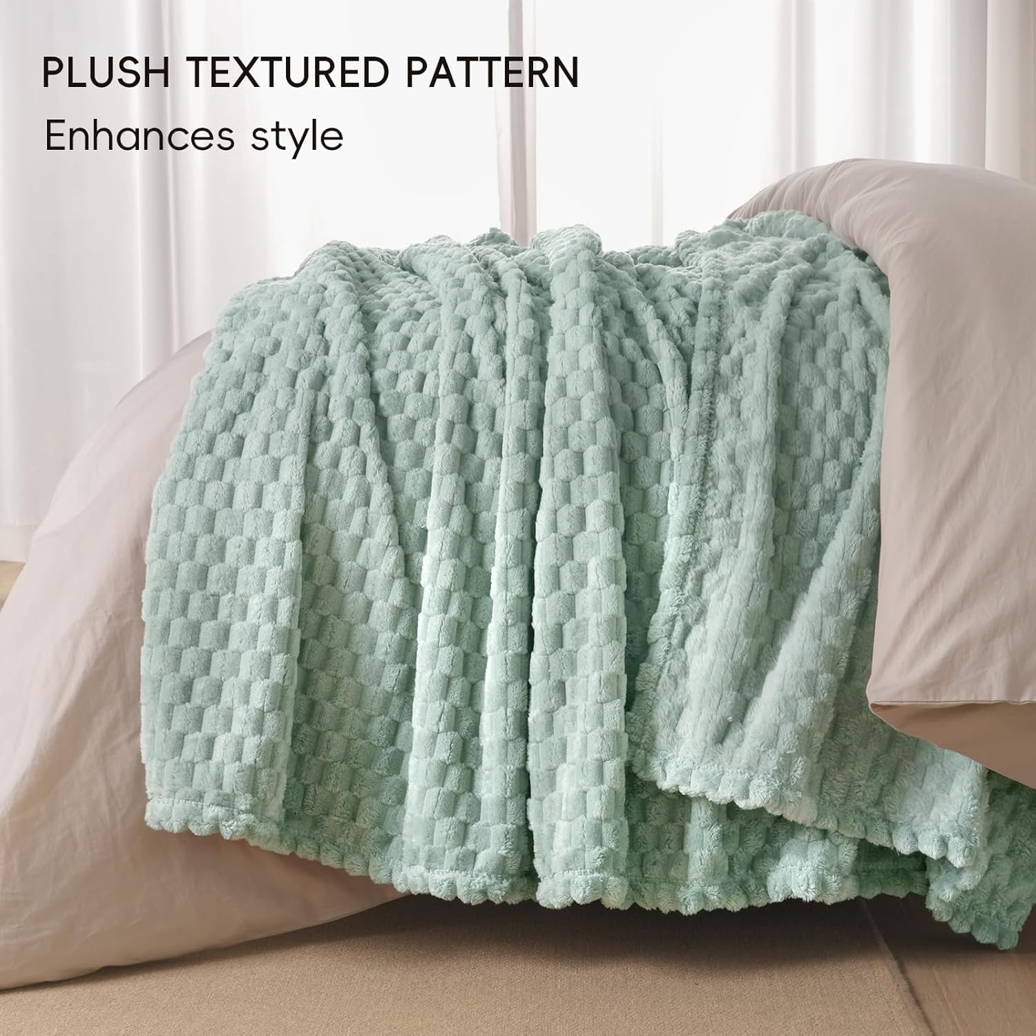 PHF Ultra Soft Flannel Fleece Blanket Twin Size, Lightweight 3D Jacquard Fleece Blanket, No Shedding, No Pilling, Luxury 340GSM Aesthetic Fluffy Cozy Bedding for Bed Room Decor, 66"x90", Sage Green