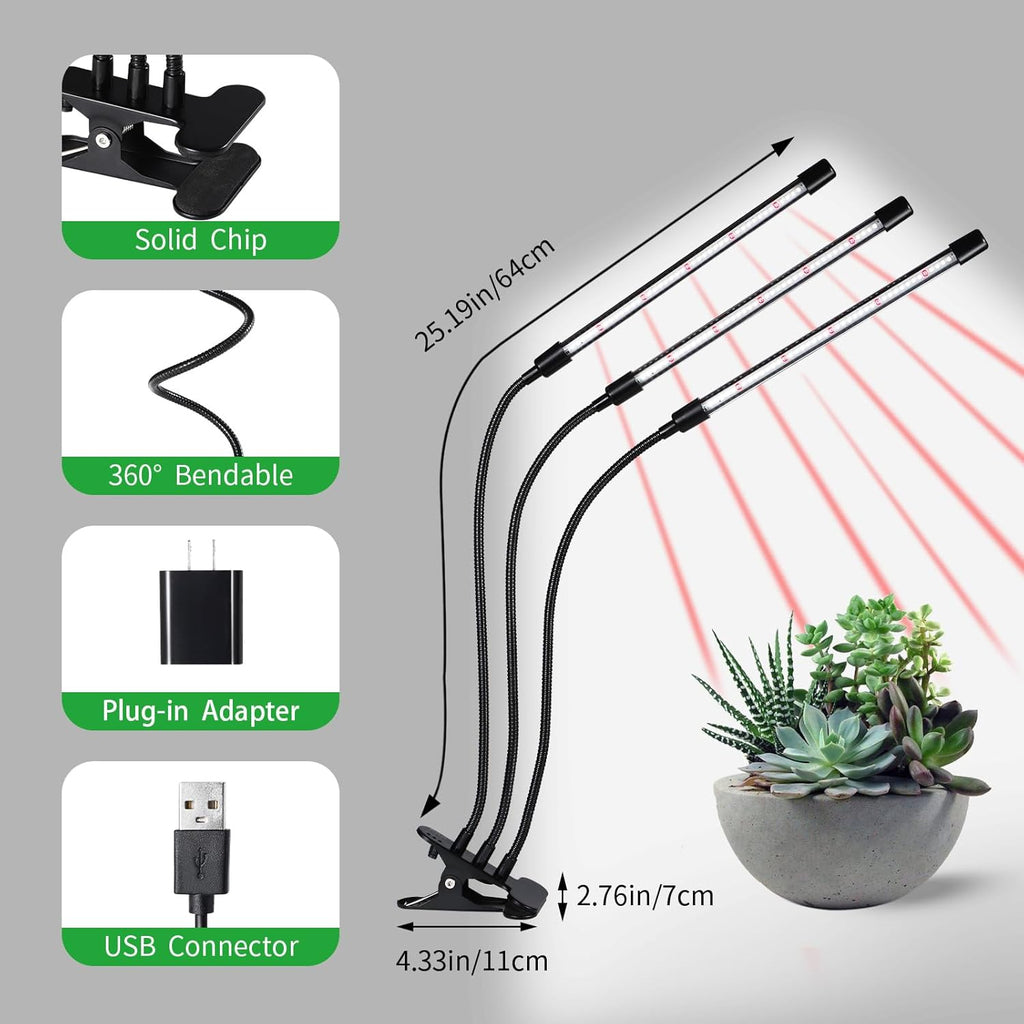 3 Head Grow Lights for Indoor Plants, Upgrade 126 LEDs Clip Plant Lights, Full Spectrum Red White LED Plant Growing Lamps with Flexible Gooseneck, 3/9/12H Timer, 3 Spectral Modes, 10 Dimmable Levels