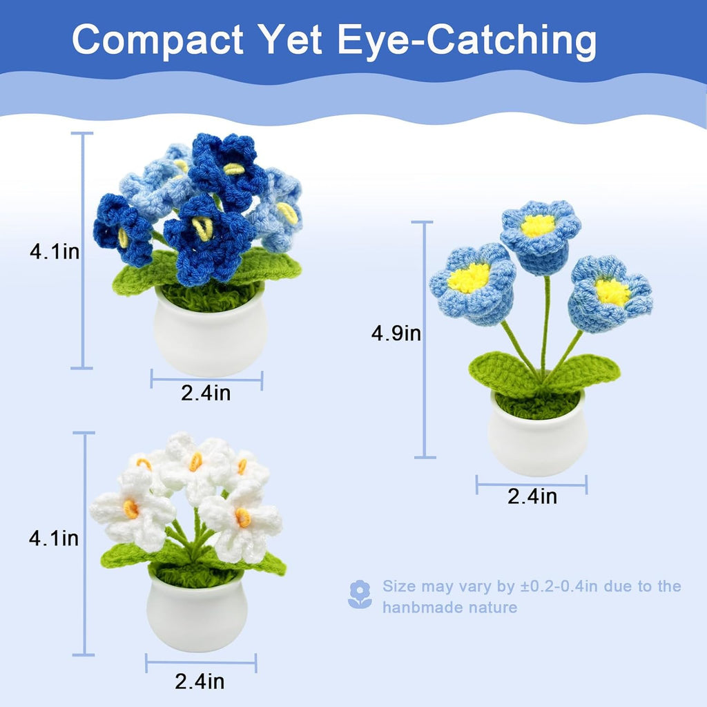 3pcs Crochet Flowers Cute Potted Flower,Mini Flower Bouquet for Mom Wife, Cute Desk Decor for Women,Artificial Handmade Flowers for Car Dashboard,Home Office Decoration (Color#3)