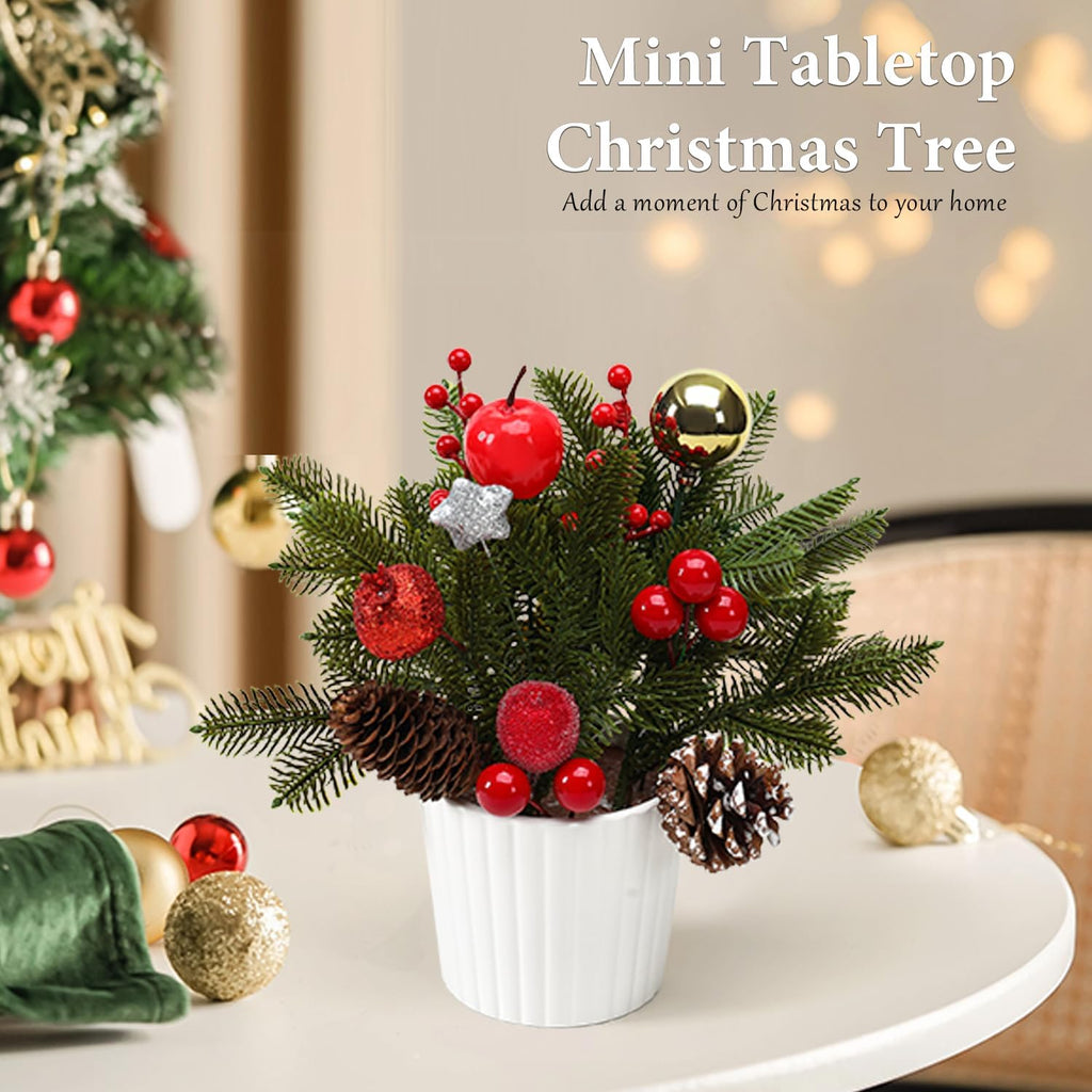 12 Inch Tabletop Christmas Tree with White Ceramic Potted,Mini Christmas Tree Holiday Decorations with Apples Pine Cones Gold Xmas Ball Berries for Home Indoor Xmas Tabel Decor