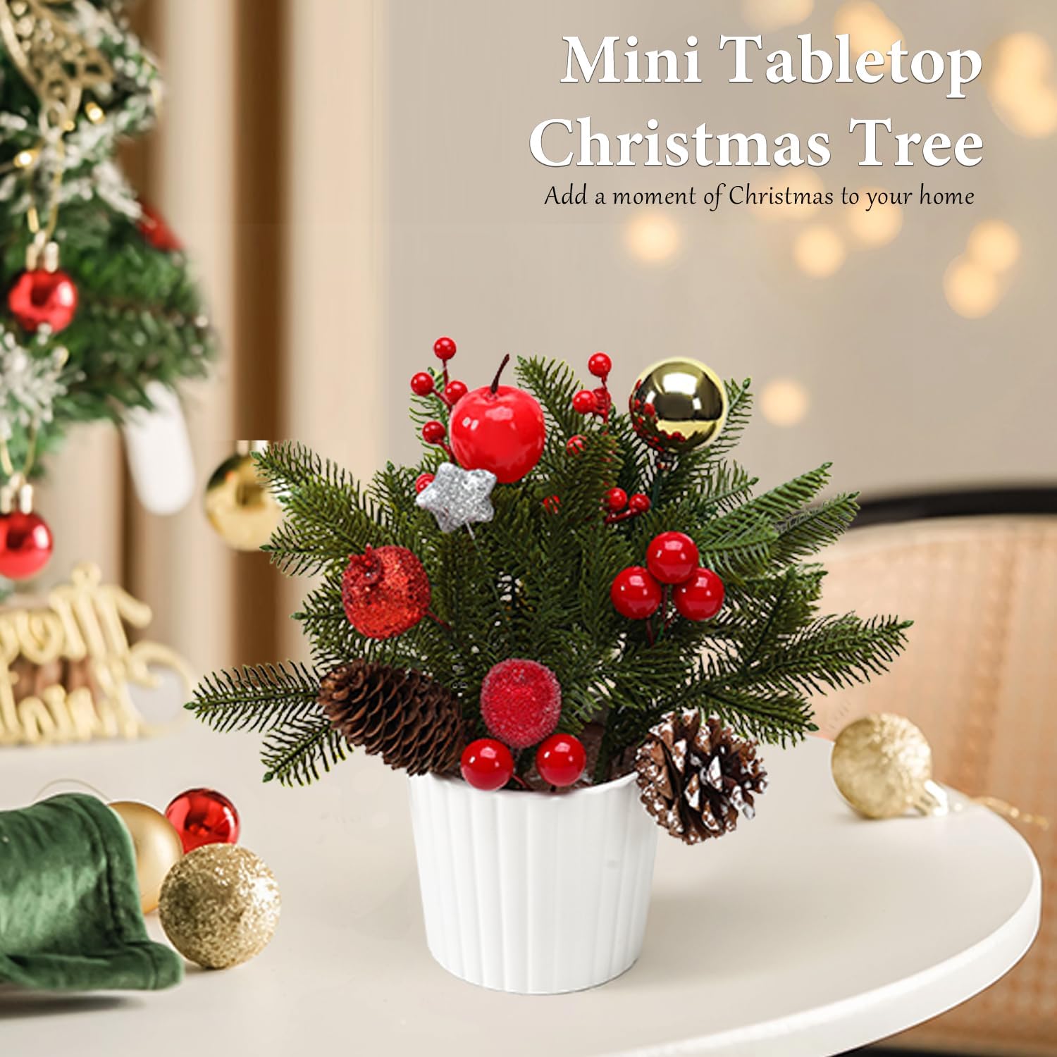 12 Inch Tabletop Christmas Tree with White Ceramic Potted,Mini Christmas Tree Holiday Decorations with Apples Pine Cones Gold Xmas Ball Berries for Home Indoor Xmas Tabel Decor