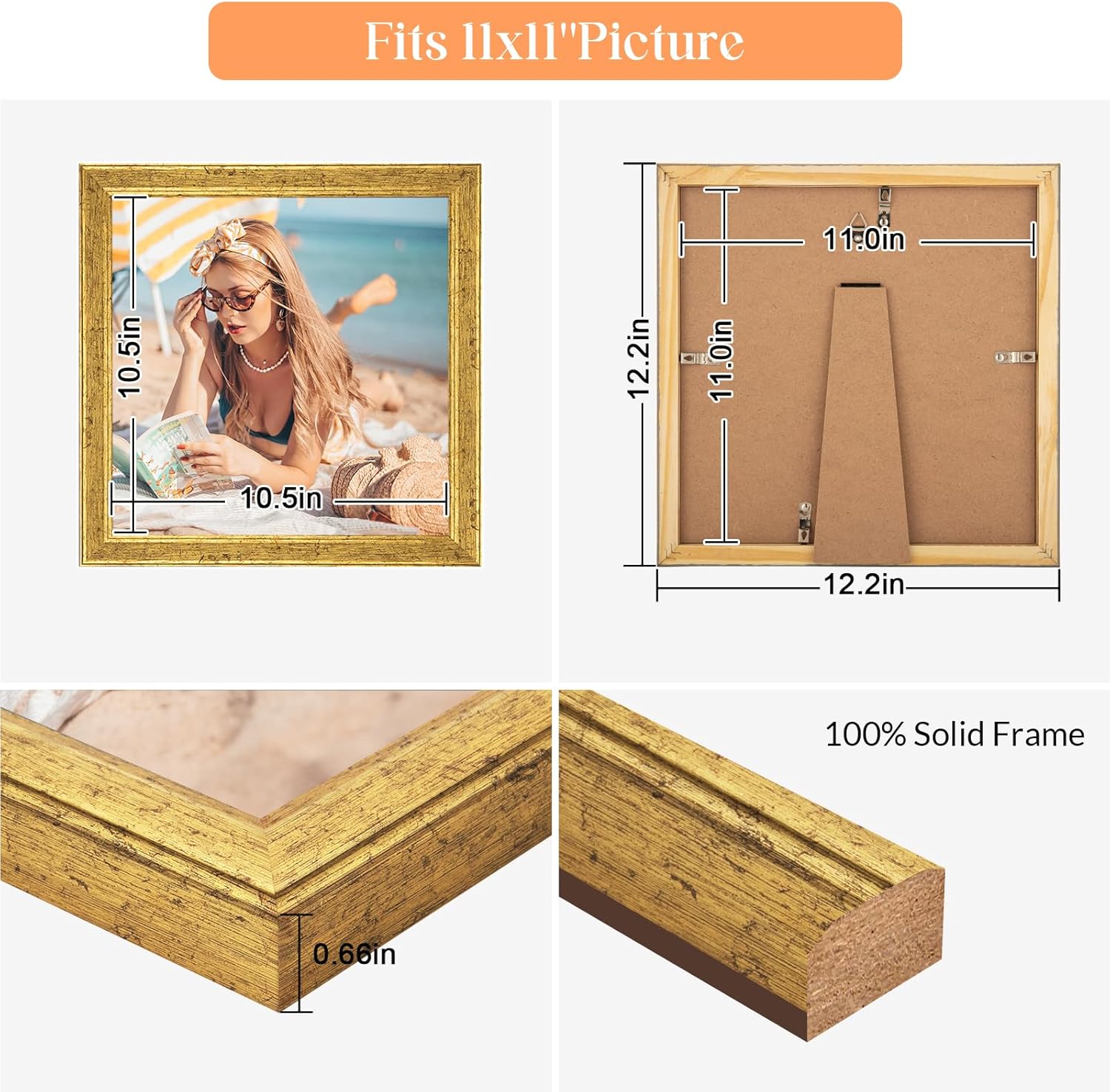 Wood 11x11 Frame Gold, Ornate Natural Wooden 11x11in Picture Frames, Modern Golden 11 x 11inch Gallery Photo Pic Frame with HD Plexiglass, Horizontal Vertical Wall Mounting Tabletop Display 1Pcs