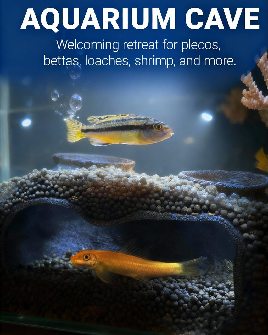 Dual-Entrance Rock-Texture Cave – Fish Tank Shelter & Aquarium Decor with 2 Tunnels, 6×3.4×2.3in (Black)