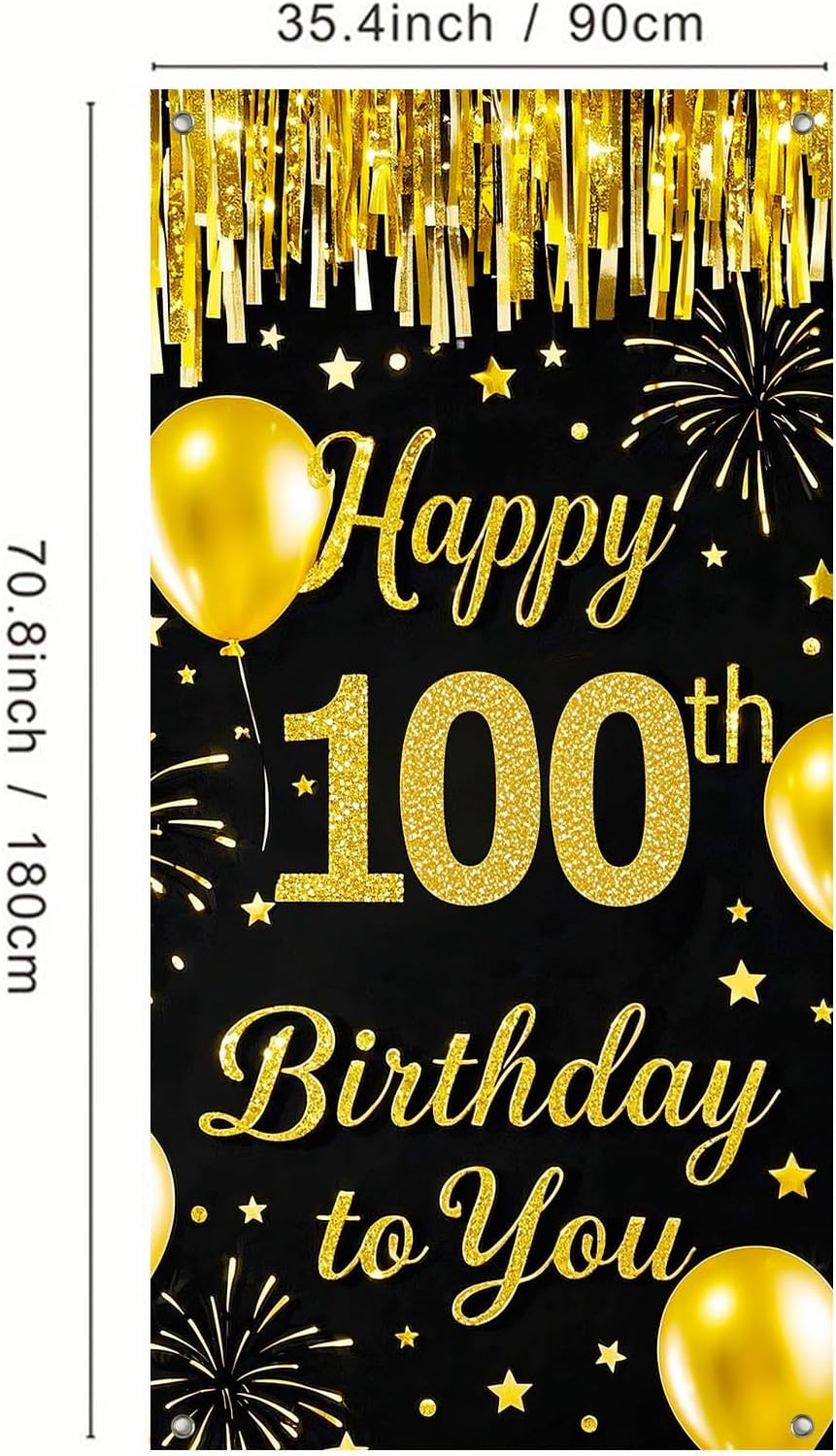 IVN 100th Birthday Door Cover 71x35 Inch Black Gold Birthday Banner for Party Decorations Balloons Stars Fireworks Backdrop Sign for Men Women Photo Booth Prop Wall Decor