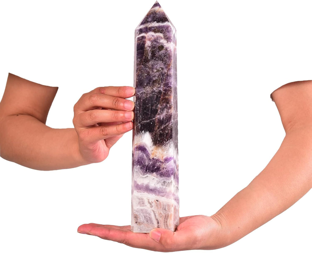 JIC Gem Natural Chevron Amethyst Healing Crystal Obelisk Tower 6 Faceted Large Crystal Wand Reiki Chakra Meditation Therapy Decor Crystal Gift 3.5-4.0 Lbs