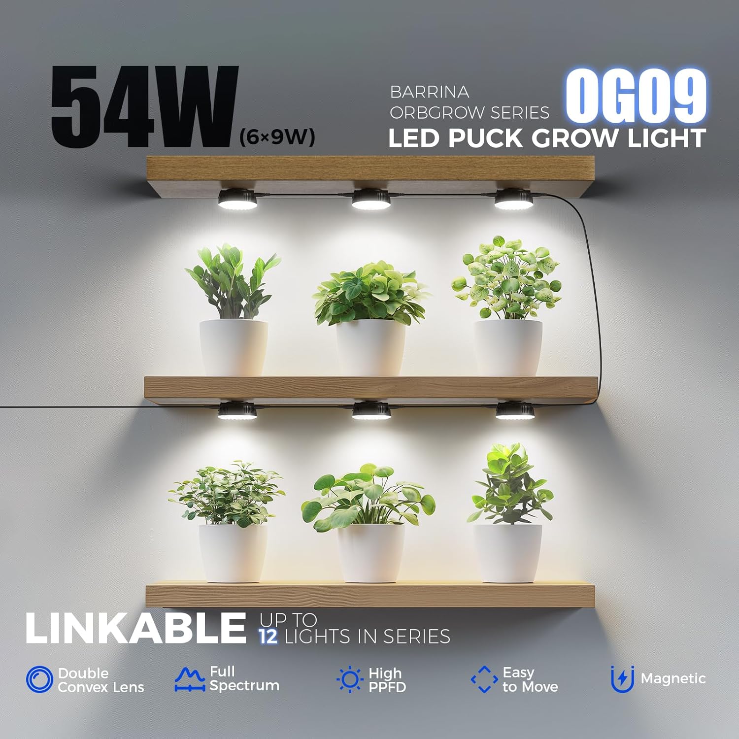 Barrina Orbgrow OG09 Puck LED Grow Light, 5000K 54W(6 x 9W, 810 Watt Equiv), Plant Lights for Indoor Plants Full Spectrum, Magnetic & Linkable, Small Grow lamp, Perfect for Plant Shelf, 6 Packs, Black
