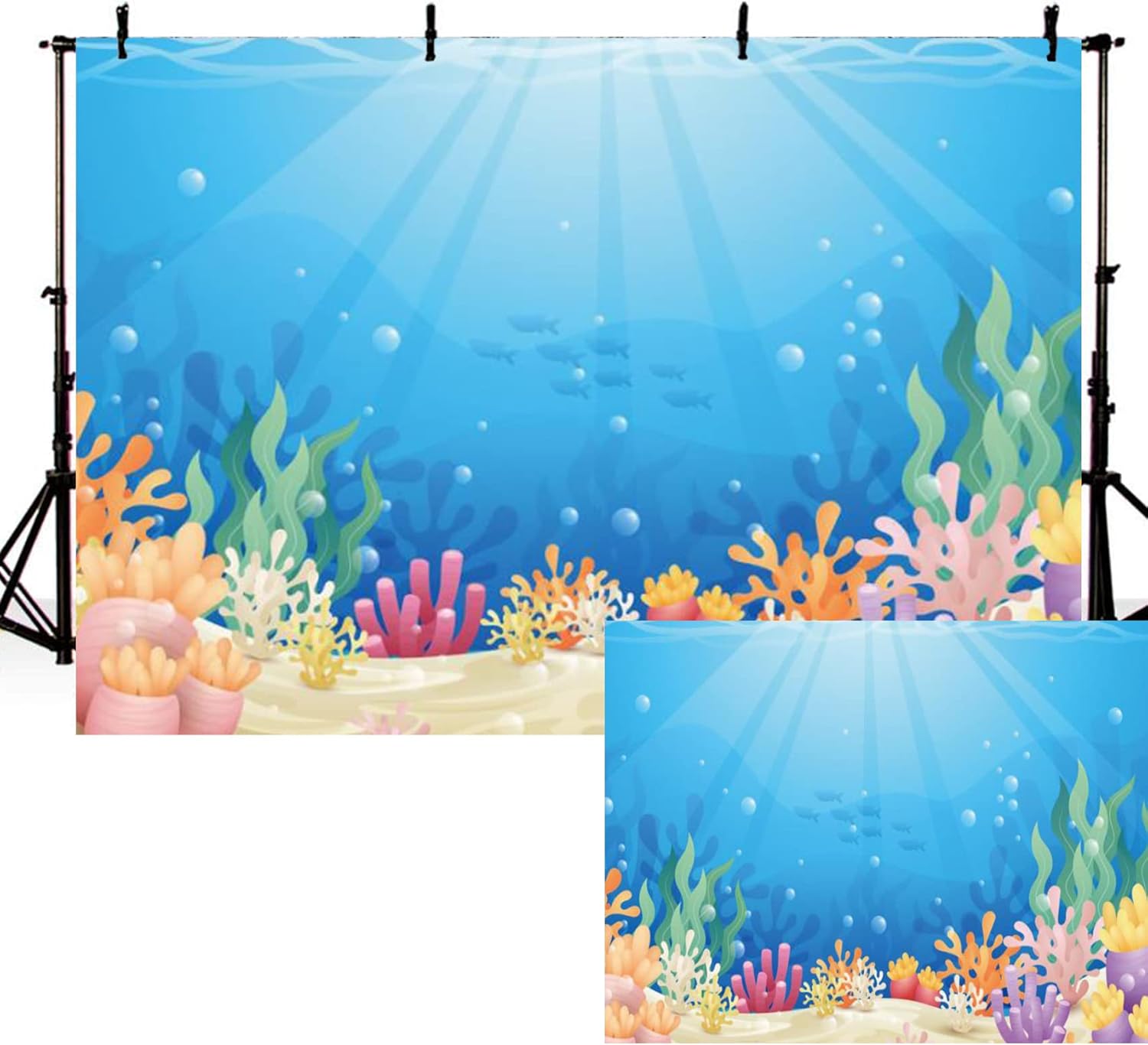 15x10ft Under The Sea Backdrop Colorful Reefs and Algae Decoration Underwater World Backdrops Sun Ray Ocean Photography Background Baby Kids Sea Theme Party Cake Table Banner