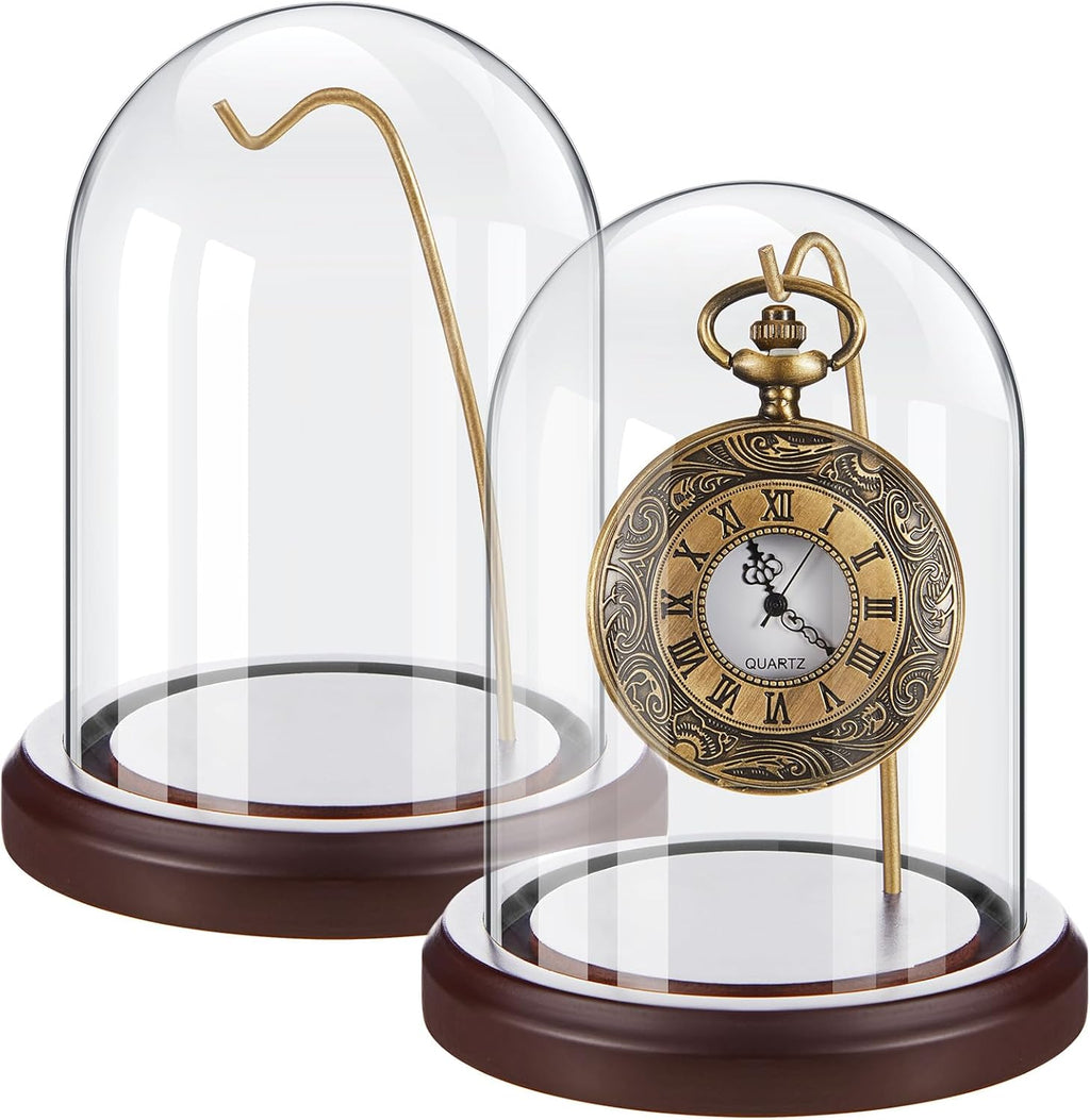 2 Pcs Pocket Watch Glass Display with Hooks Dome Cloche with Wood Base Decorative Glass Display Dome Showcase for Watch Plants Medals Photos Collectibles Dark MDF Base(3" X 5",Gold Hook)
