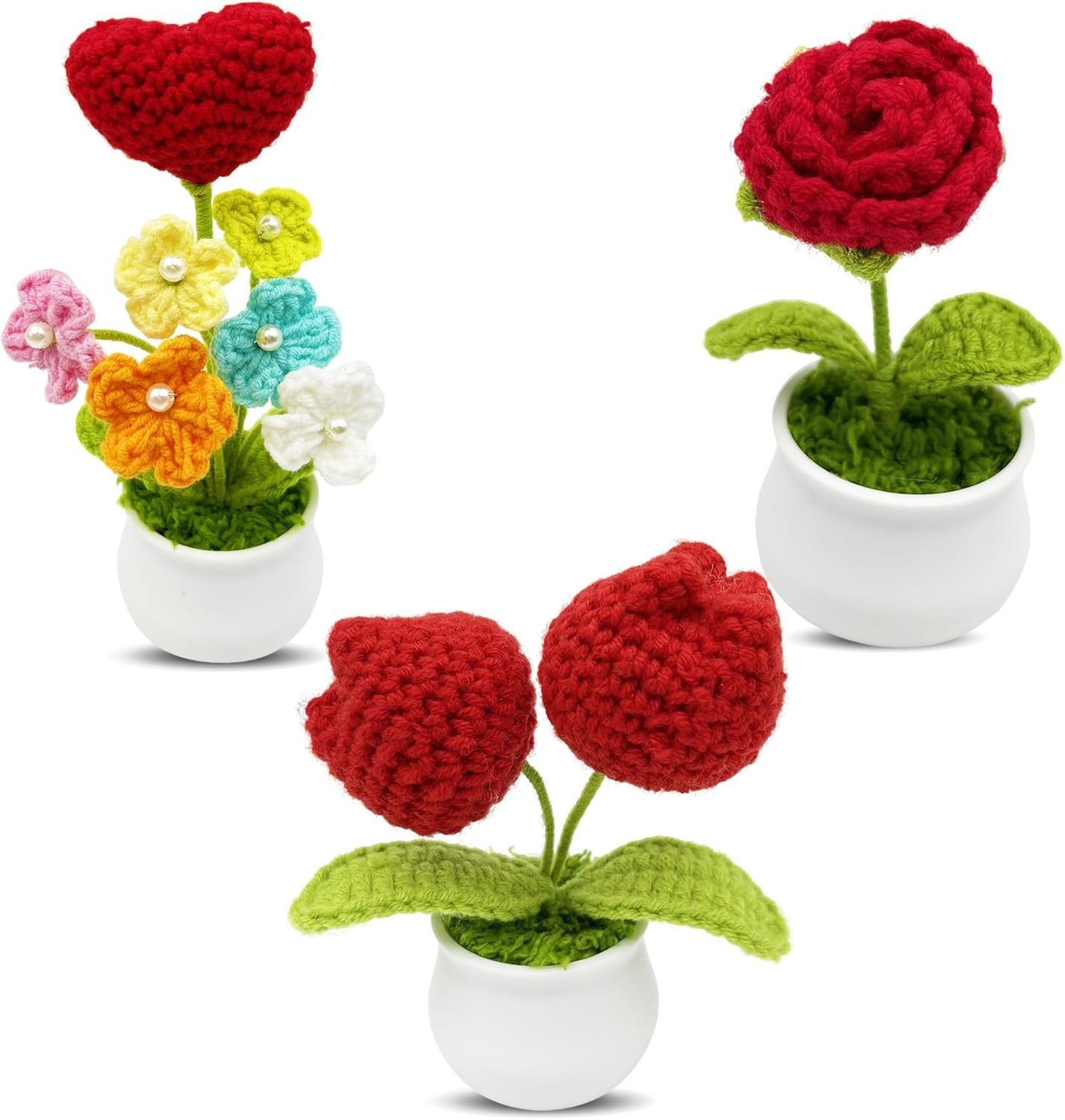 3pcs Crochet Flowers Cute Potted Flower,Mini Flower Bouquet for Mom Wife, Cute Desk Decor for Women,Artificial Handmade Flowers for Car Dashboard,Home Office Decoration (Color#7)