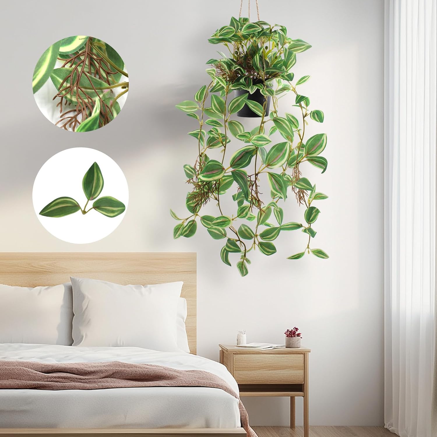 Artificial Hanging Ivy Plants Realistic 3D Watermelon Texture Faux Peperomia Leaves Fake Potting Vine Green Plants for Indoor Outdoor Home Garden Decor