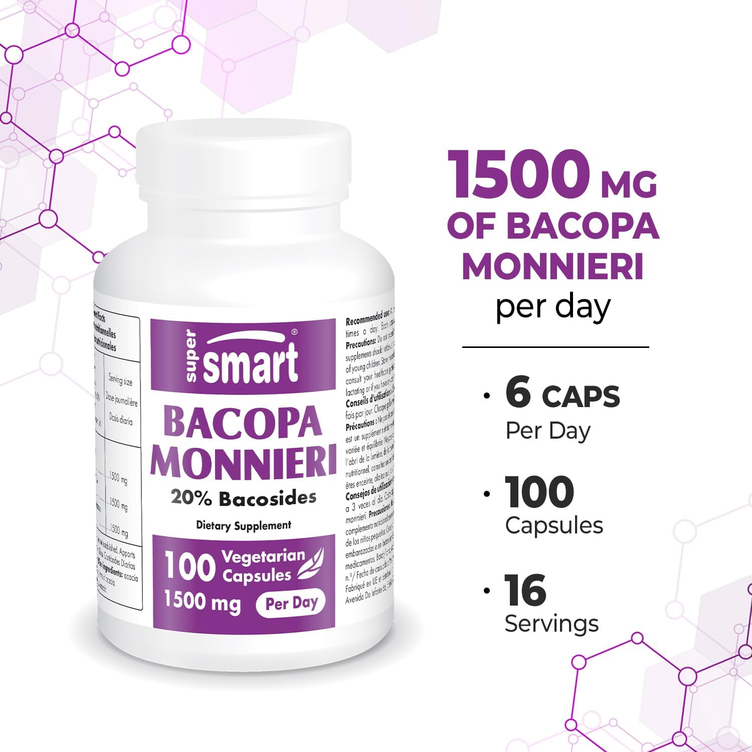 Supersmart Bacopa Monnieri 1500mg per Day (High Bioavailability) - Bacopa Extract - Active Bacosides Nootropic Supplement | Non-GMO & Gluten Free - 100 Vegetarian Capsules