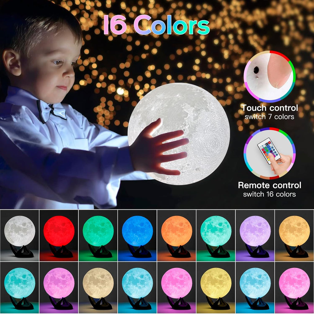 BRIGHTWORLD Gifts for Women, 7.1 inch Moon Lamp 3D Printing Moon Light 16 Colors Night Light for Kids Room Home Decor, Gifts for Teen Girls Boys, Mothers Day Gifts Birthday Gifts (Black Hand Stand)