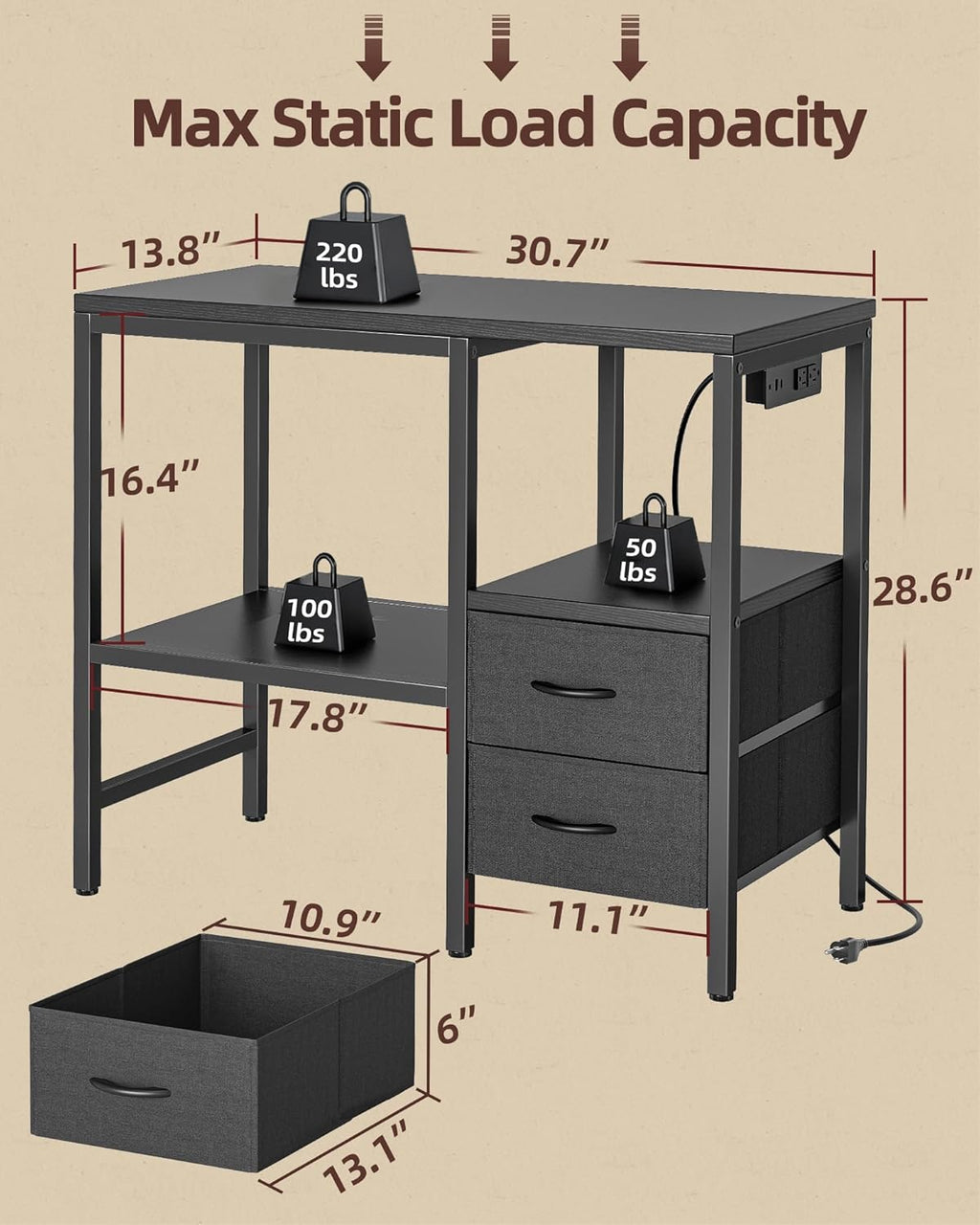 TIQLAB 20-29 Gallon Multi - Tier Aquarium Stand with Storage Drawers & Shelf, Sturdy Metal Frame for Fish Tanks with Power Outlet, 30.7" L*13.8" W Tabletop, Black