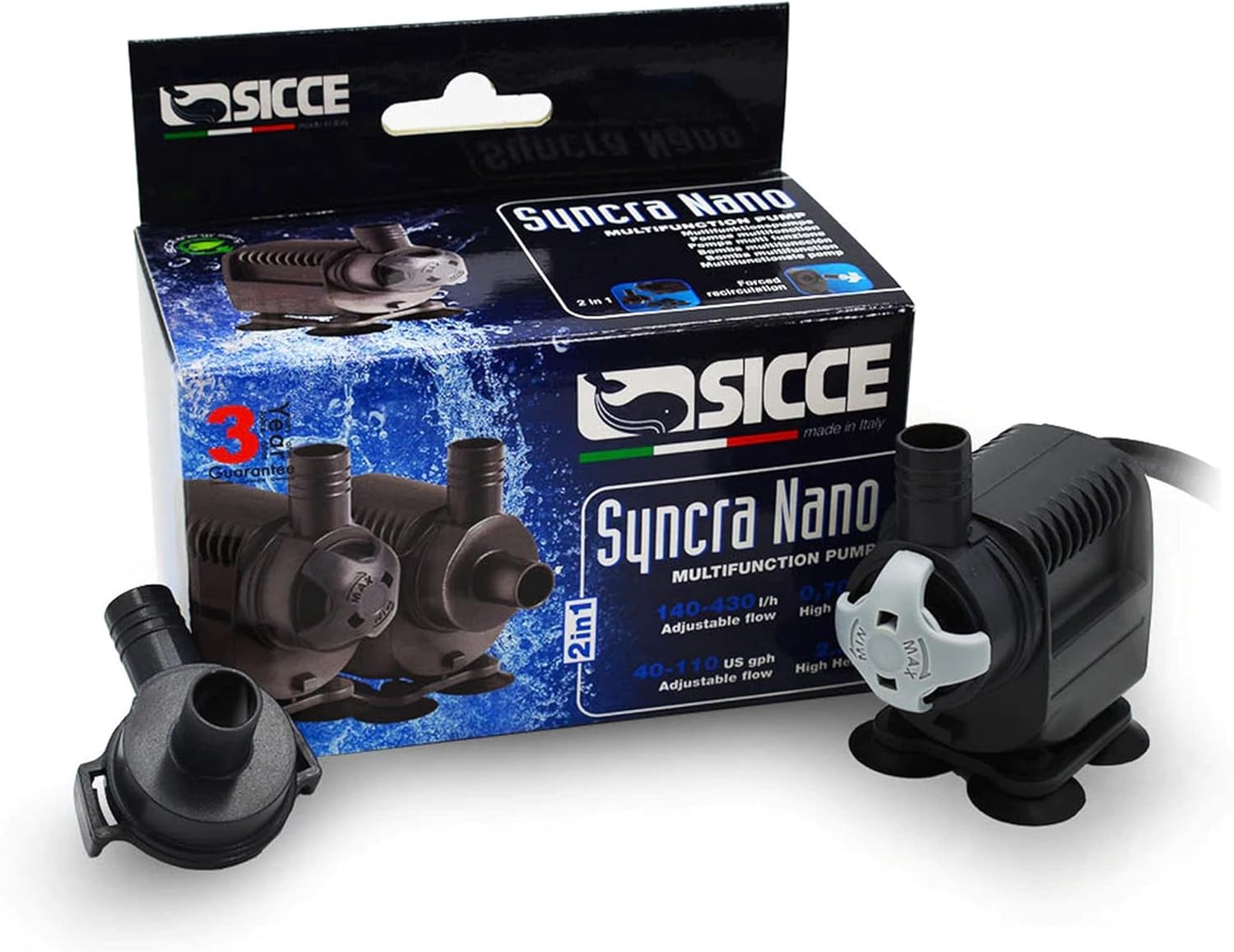 SICCE Syncra Silent NANO Multifunction 110 GPH Submersible Water Pump | Italian Made 2.8W Ultra Quiet Durable Aquarium Fish Tank, Fountain, Pond, Hydroponics, Terrarium Black | Freshwater & Saltwater