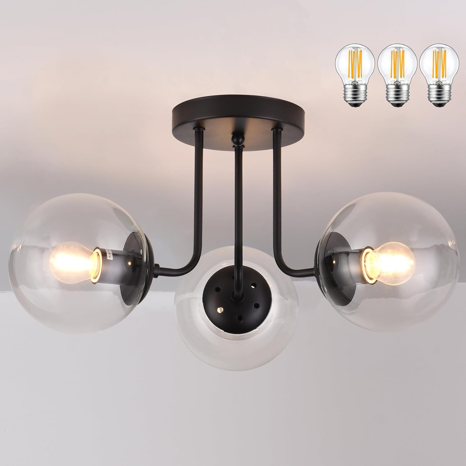 KoKo&Yukina 3-Light Semi Flush Mount Ceiling Light Globe Lights Mid Century Ceiling Light with Clear Glass Globe & Matte Black for Bedroom Hallway Entryway Kitchen Living Room (Bulb Incl.)