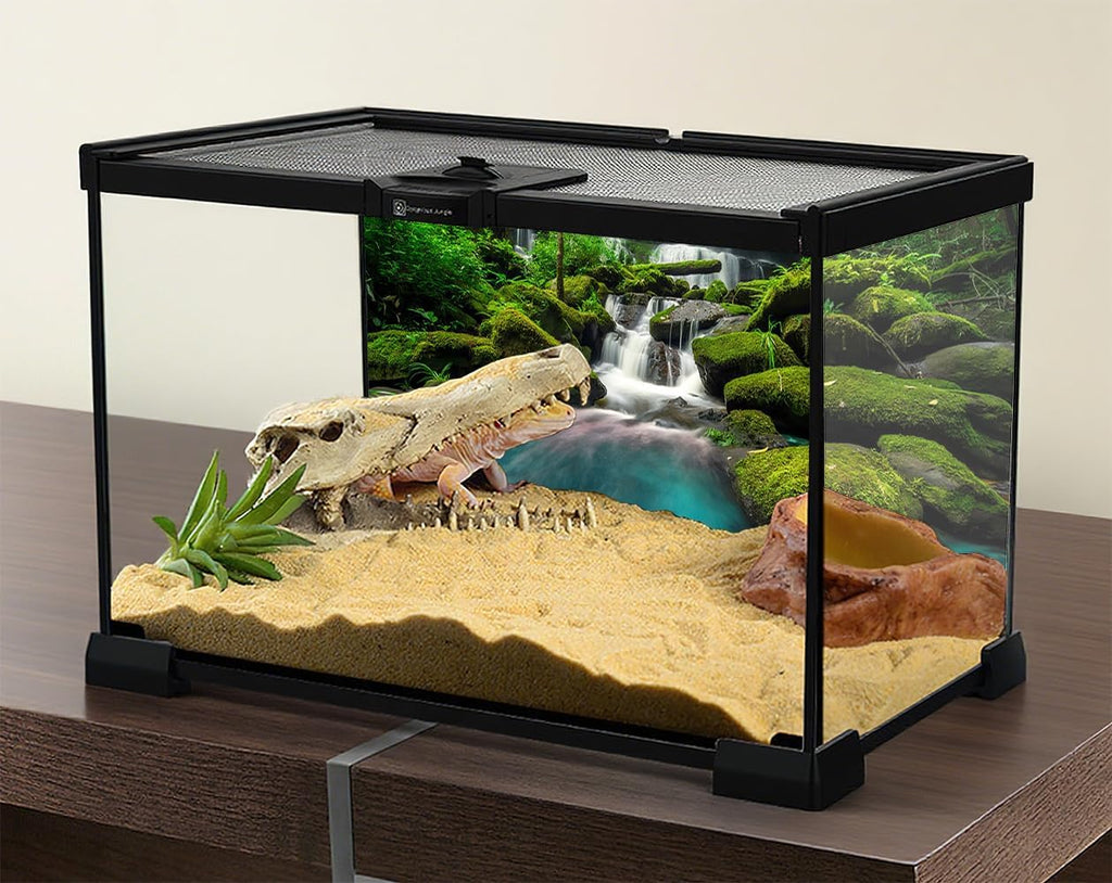 30X18 Inch Tropical Waterfall Vivarium Backdrop - Rainforest Mountain Lake & Lush Tree Reptile Tank Background - Durable Polyester Habitat Decoration